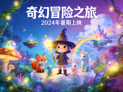 动画电影海报，卡通角色与奇幻世界