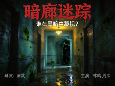 悬疑惊悚电影海报，昏暗走廊与神秘人影